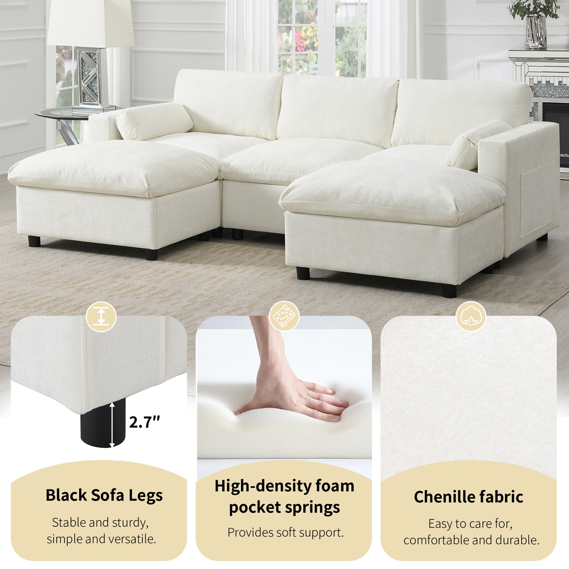 86.5'' U-Shaped Sectional Sofa with Storage Pockets, 2 Movable Ottoman, Armrest Pillows, Free Combination, 5-Seat Modern Cloud Sofa for Living Room&Apartment, Chenille, 3 Colors