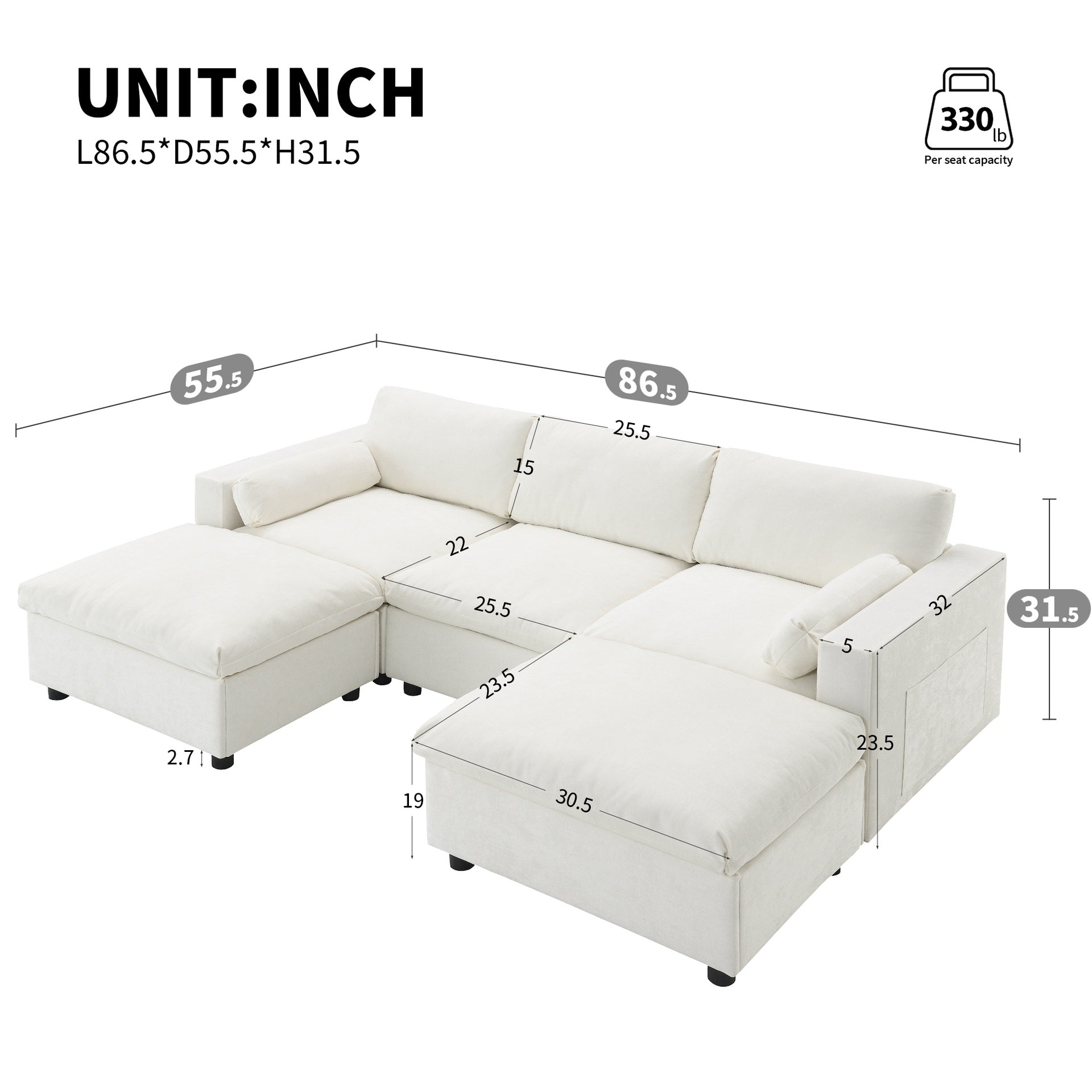86.5'' U-Shaped Sectional Sofa with Storage Pockets, 2 Movable Ottoman, Armrest Pillows, Free Combination, 5-Seat Modern Cloud Sofa for Living Room&Apartment, Chenille, 3 Colors