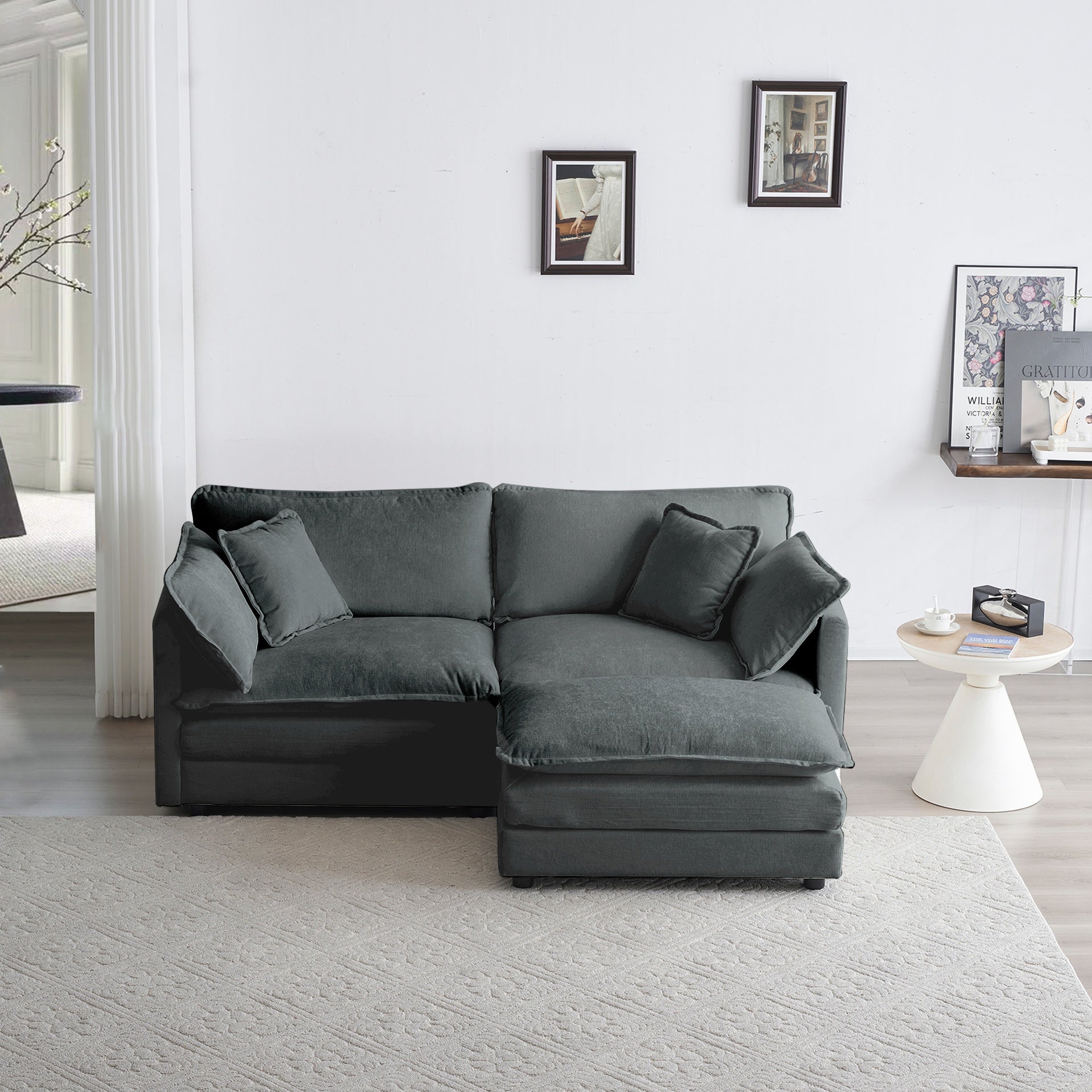 Chenille Two-Seater Sofa with 1 Footrest, 2 Seater L-Shaped Sectional with Ottoman,Loveseat with Ottoman for Small Living Space, Gray Chenille