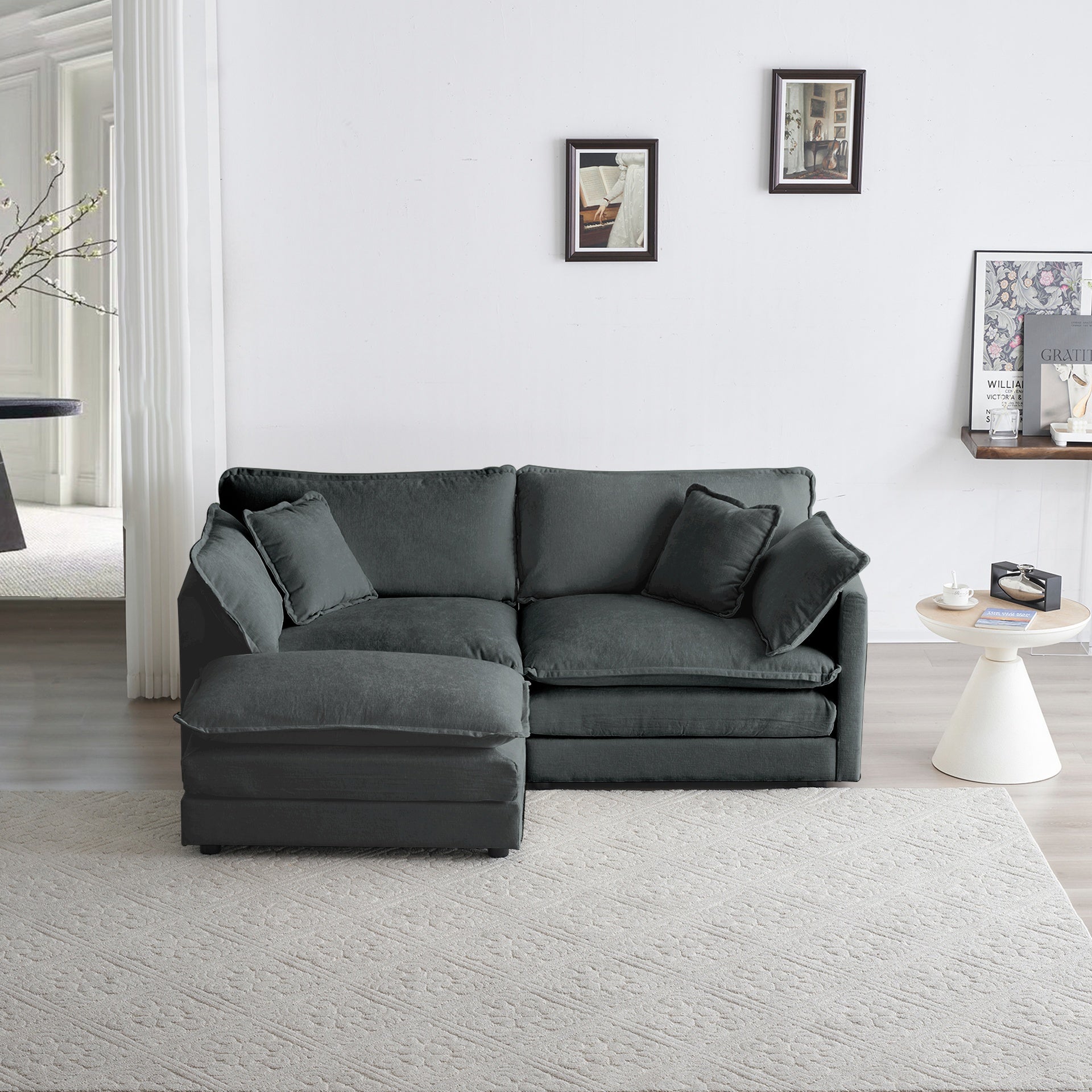 Chenille Two-Seater Sofa with 1 Footrest, 2 Seater L-Shaped Sectional with Ottoman,Loveseat with Ottoman for Small Living Space, Gray Chenille