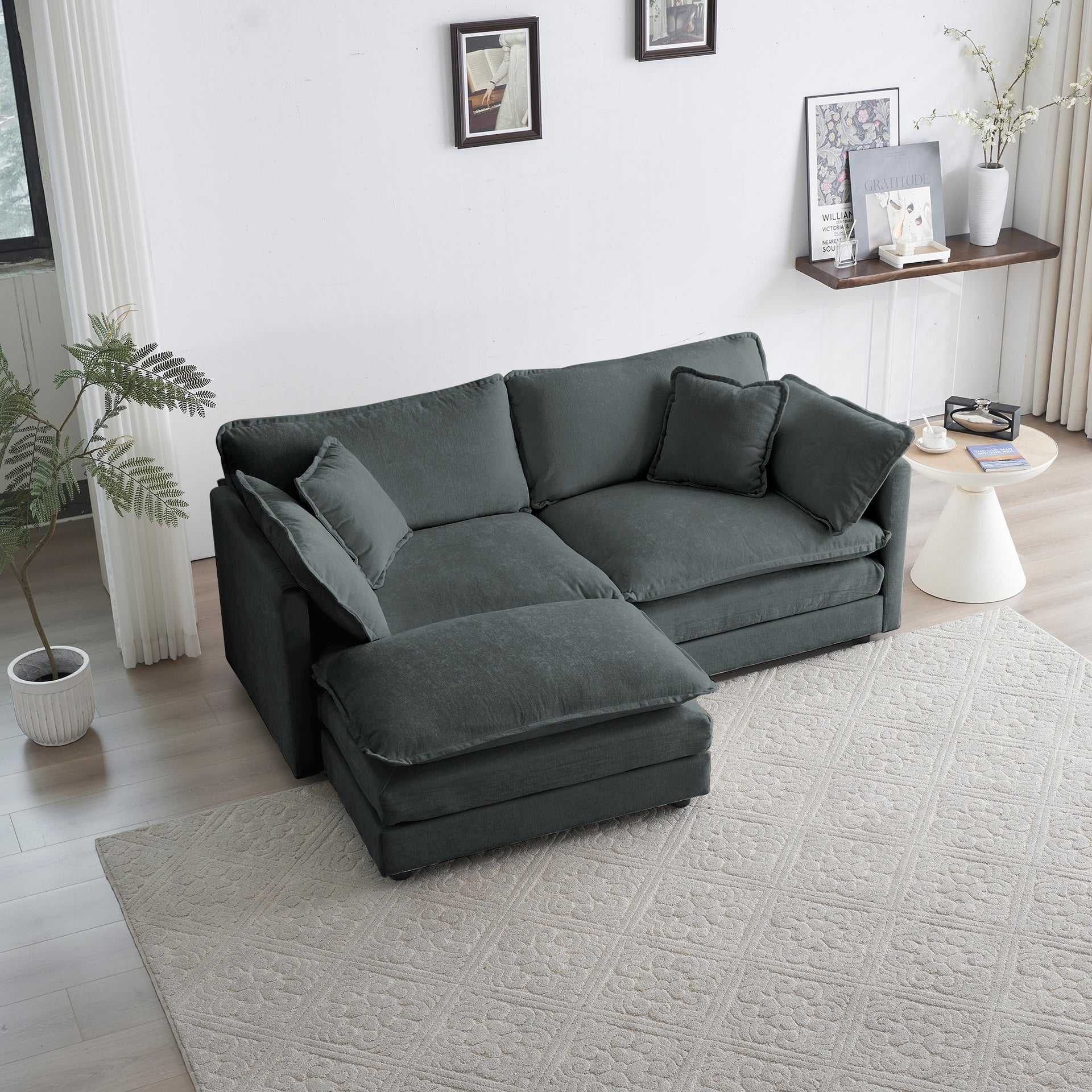 Chenille Two-Seater Sofa with 1 Footrest, 2 Seater L-Shaped Sectional with Ottoman,Loveseat with Ottoman for Small Living Space, Gray Chenille