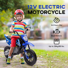 Qaba Kids Dirt Bike with Twist Grip Throttle, 12V Electric Motorcycle, Electric Bike for Toddler with Training Wheels, Rear Suspension & Music, Blue