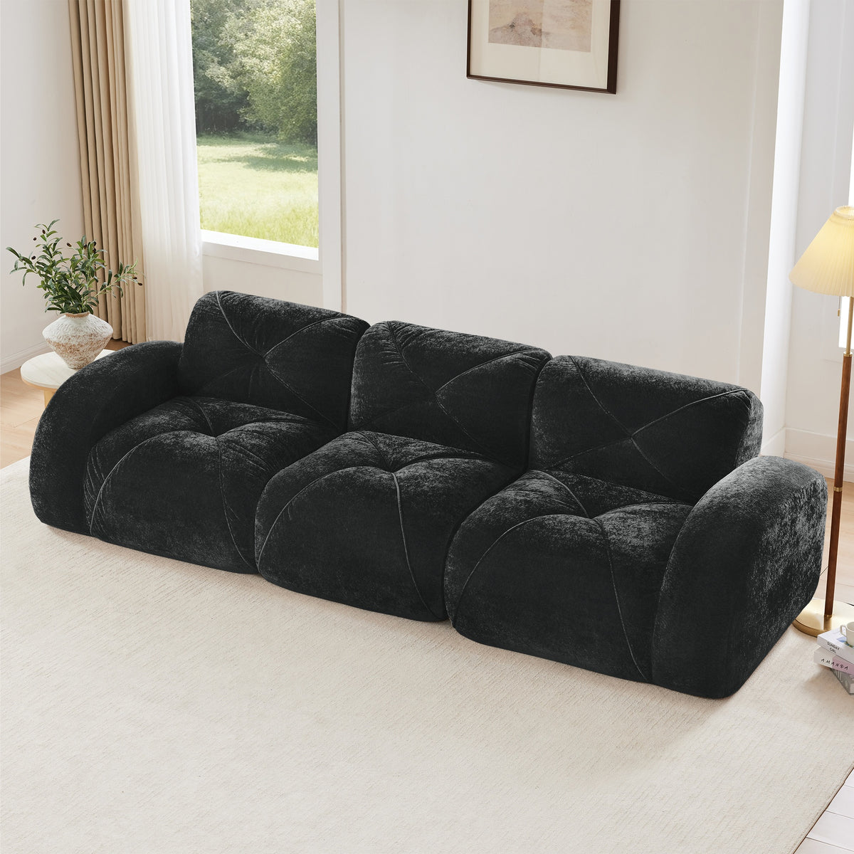 110''Boneless Sofa With Tufted,Soft Velvet  Fabric,Modular Sectional Sofa Couches,32D High Density Sponge,Anti-Slip Design,Ergonomic Design Bottom,No Assembly Required,For Study,Home Theater,Black