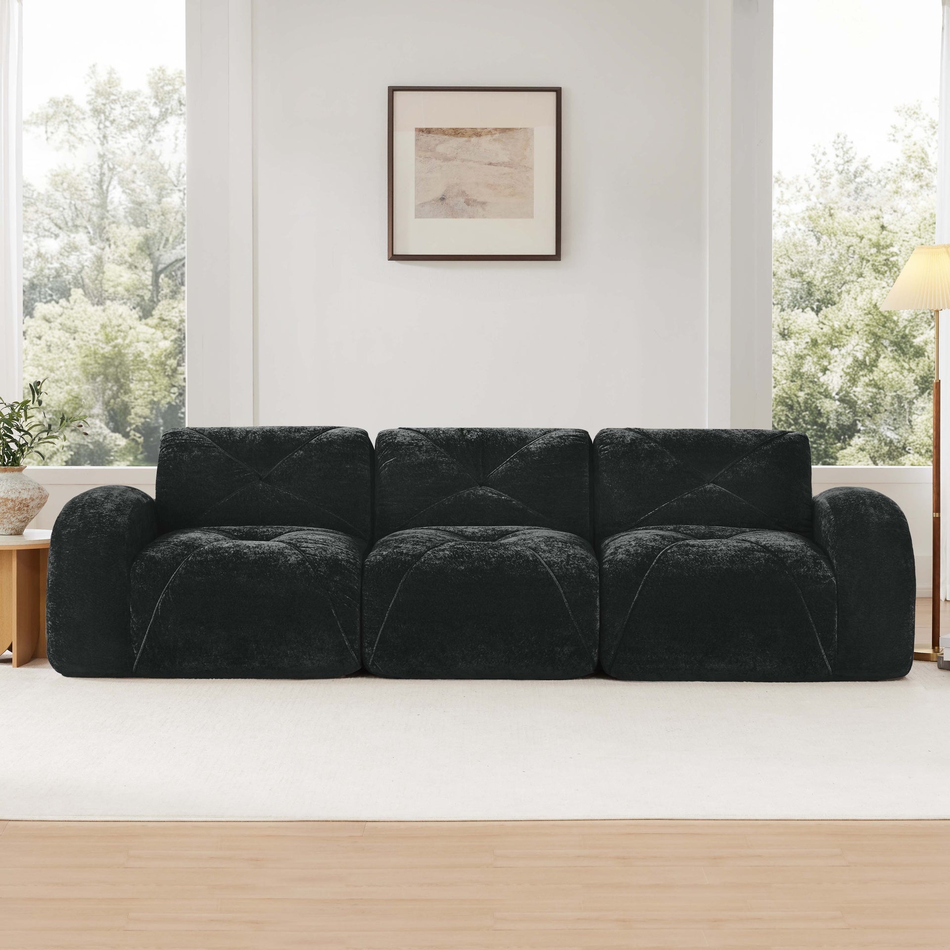 110''Boneless Sofa With Tufted,Soft Velvet  Fabric,Modular Sectional Sofa Couches,32D High Density Sponge,Anti-Slip Design,Ergonomic Design Bottom,No Assembly Required,For Study,Home Theater,Black