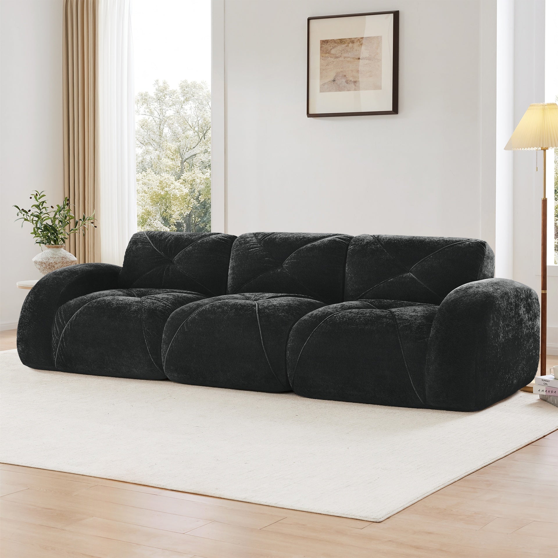110''Boneless Sofa With Tufted,Soft Velvet  Fabric,Modular Sectional Sofa Couches,32D High Density Sponge,Anti-Slip Design,Ergonomic Design Bottom,No Assembly Required,For Study,Home Theater,Black