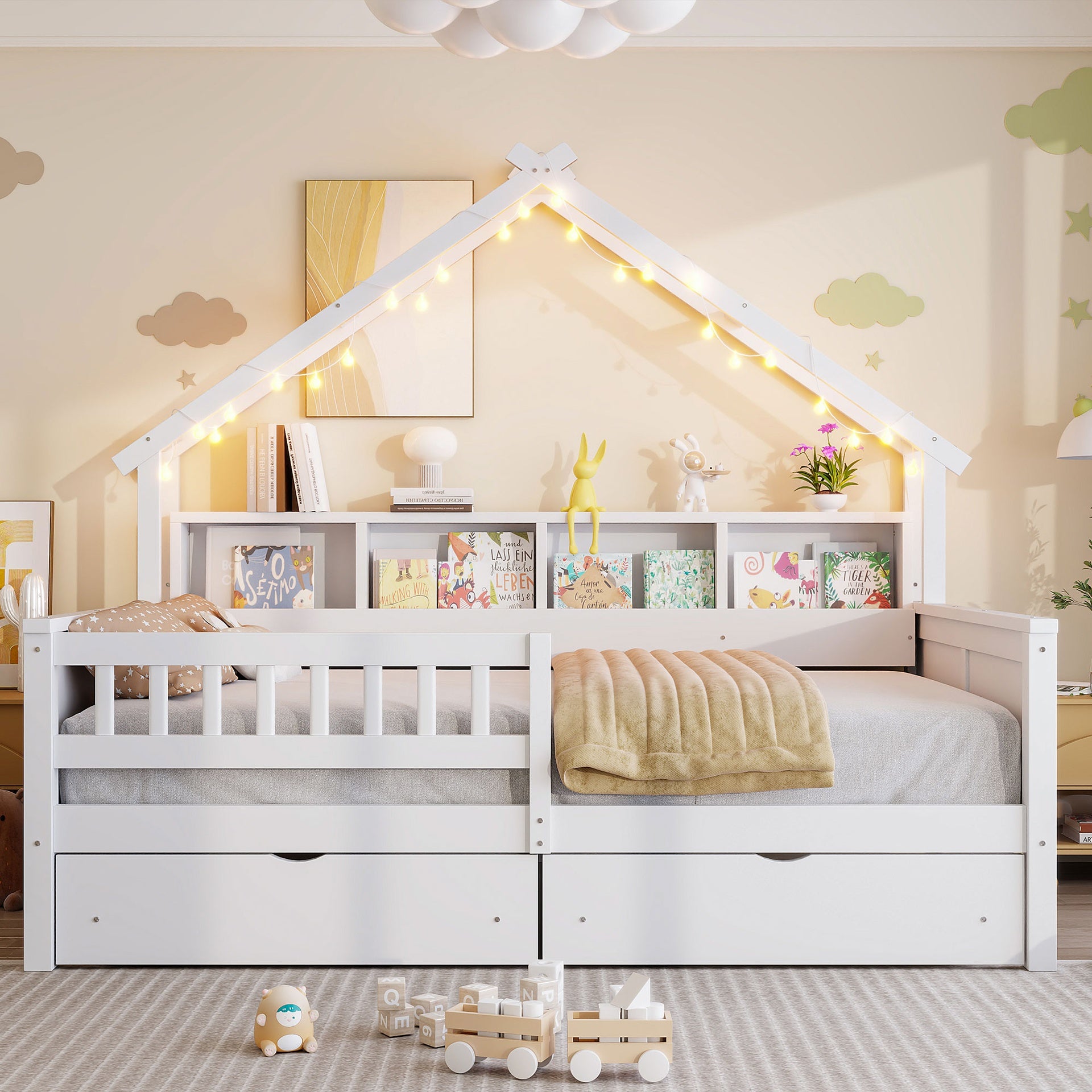 Wood Full Size House Platform Beds with LED, Storage Shelves, Drawers and Guardrail, White
