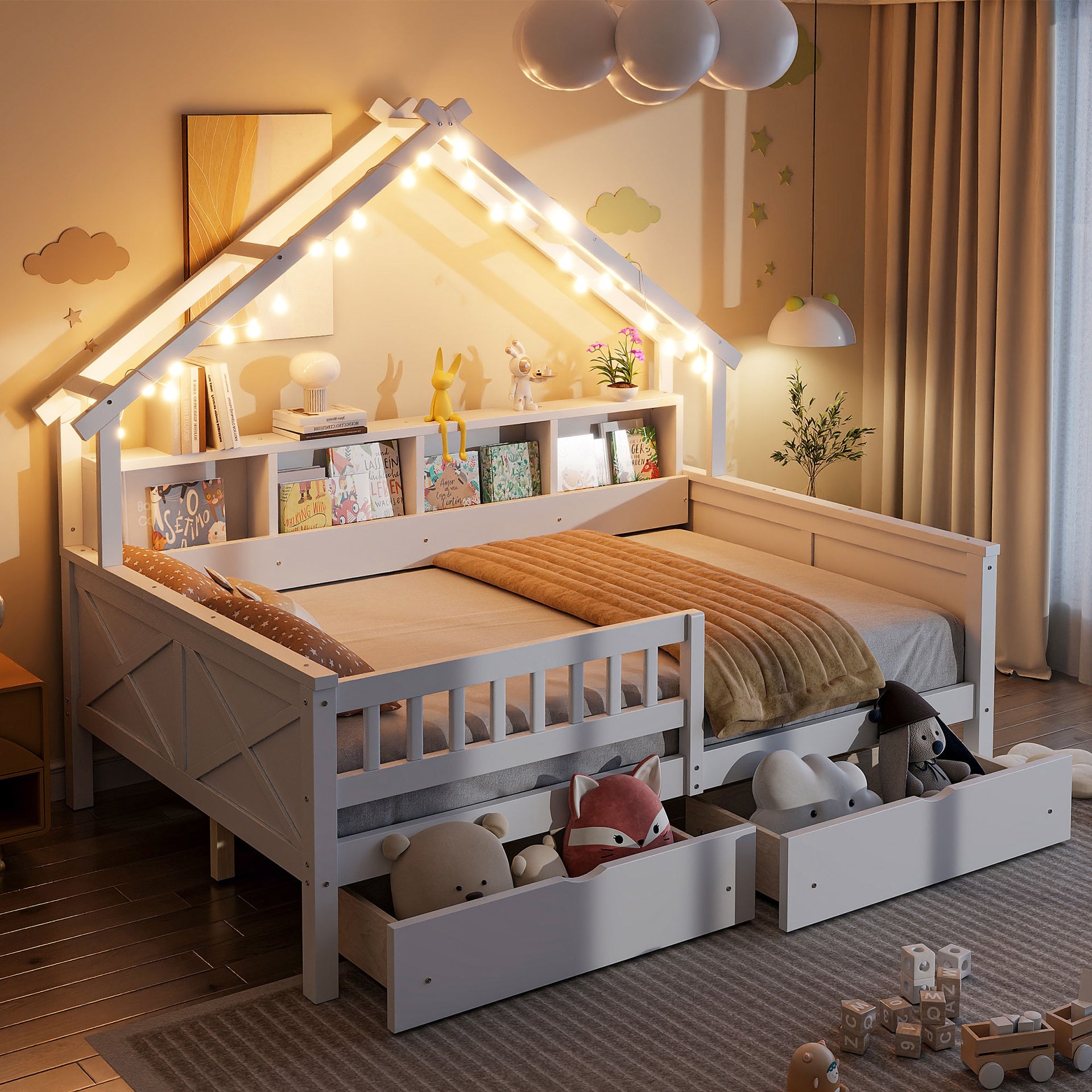 Wood Full Size House Platform Beds with LED, Storage Shelves, Drawers and Guardrail, White