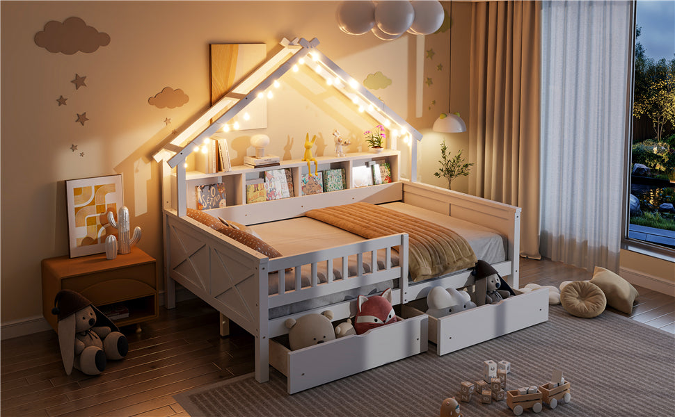Wood Full Size House Platform Beds with LED, Storage Shelves, Drawers and Guardrail, White