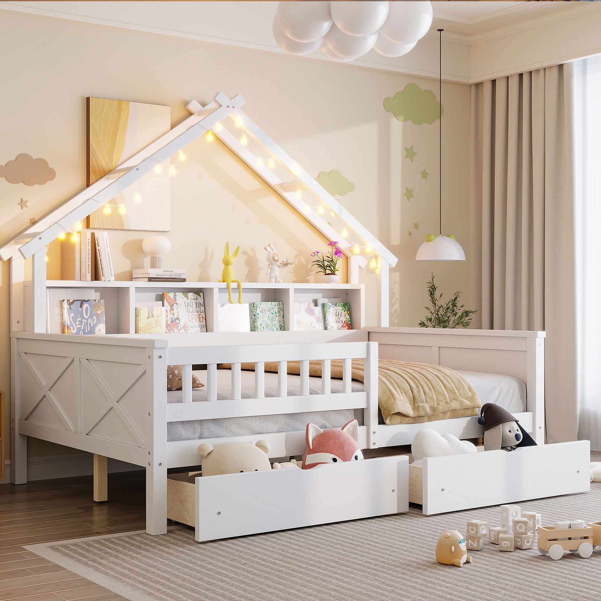Wood Full Size House Platform Beds with LED, Storage Shelves, Drawers and Guardrail, White