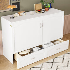 Queen Size Murphy Bed Wall Bed with drawer and a set of Sockets & USB Ports, Pulley Structure Design, White(OLD SKU: LP100671AAK)