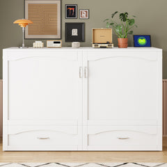 Queen Size Murphy Bed Wall Bed with drawer and a set of Sockets & USB Ports, Pulley Structure Design, White(OLD SKU: LP100671AAK)