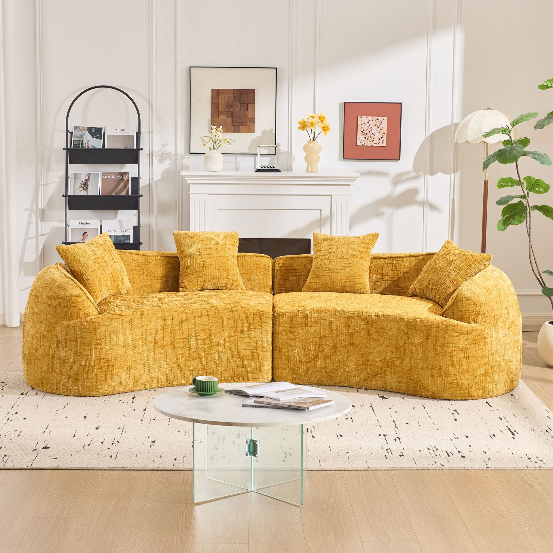 Yellow Curved Compressed Sofa, Creative Nordic-style Design for Living Room, Comfortable, Soft and Suitable for Multiple Scenarios
