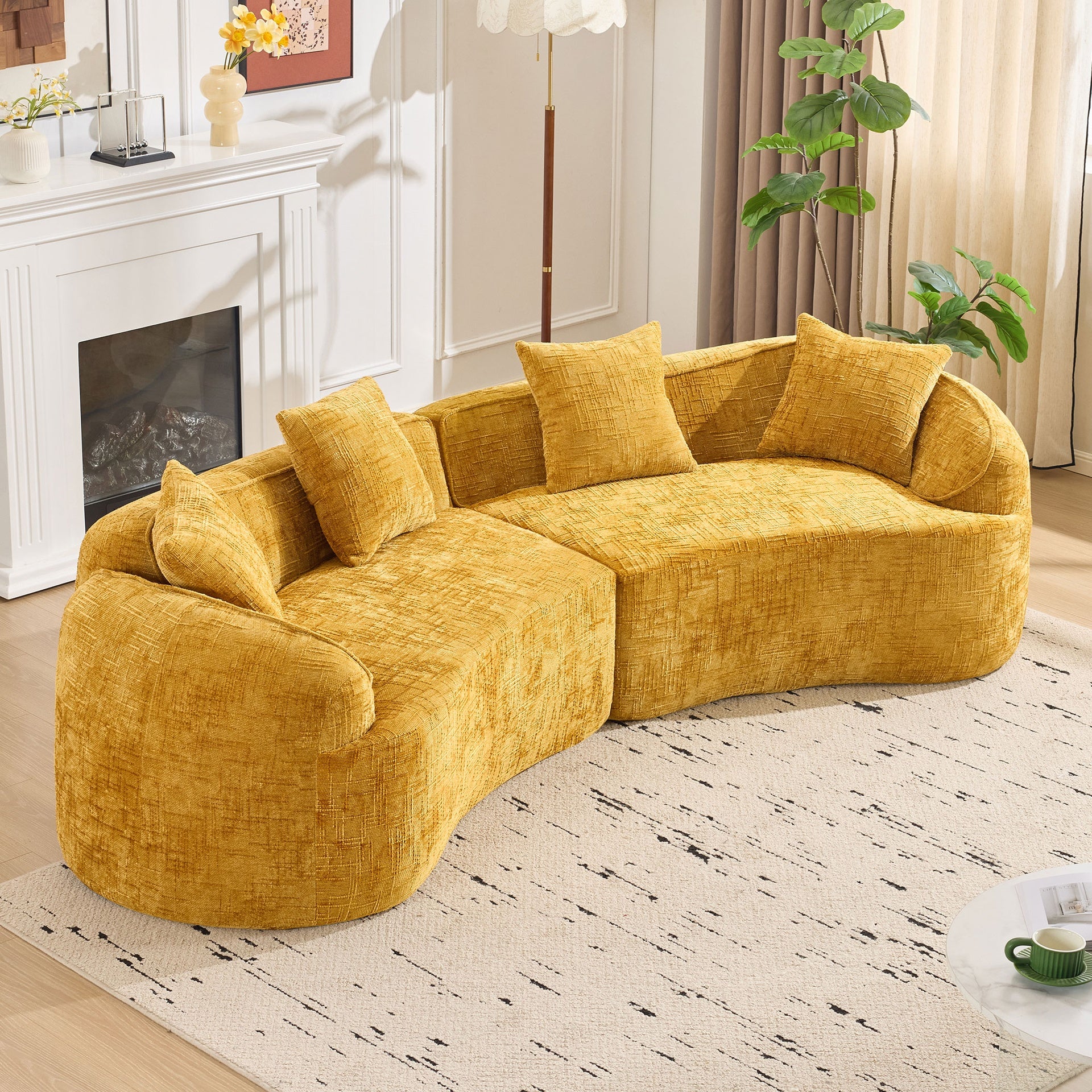 Yellow Curved Compressed Sofa, Creative Nordic-style Design for Living Room, Comfortable, Soft and Suitable for Multiple Scenarios