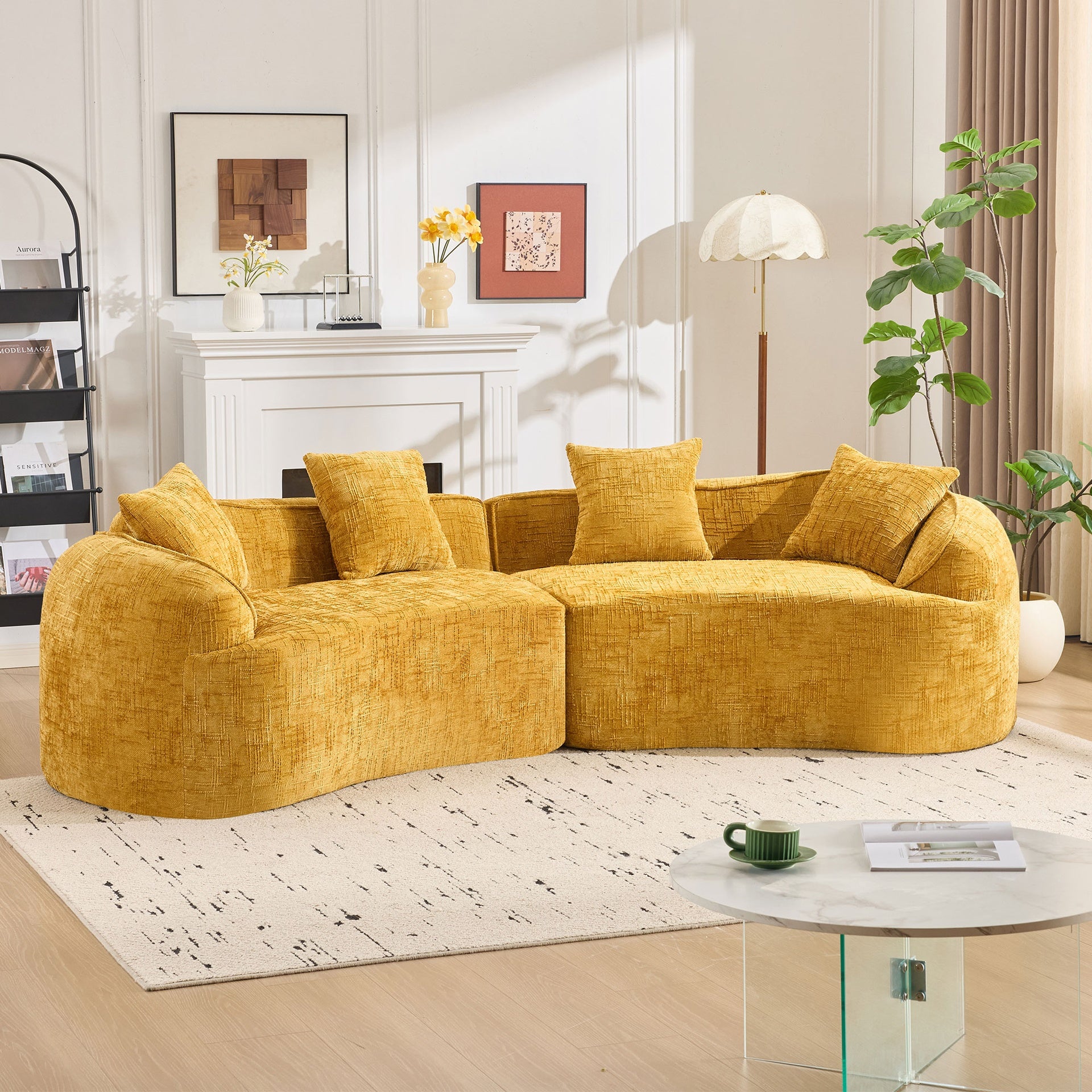 Yellow Curved Compressed Sofa, Creative Nordic-style Design for Living Room, Comfortable, Soft and Suitable for Multiple Scenarios