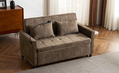56.9" Loveseat Sofa Pull-out Sofa Bed Sleeper Sofa with a Reversible Backrest Cushion, Side Pockets, Two USB Ports and a Phone Holder for Living Room, Brown