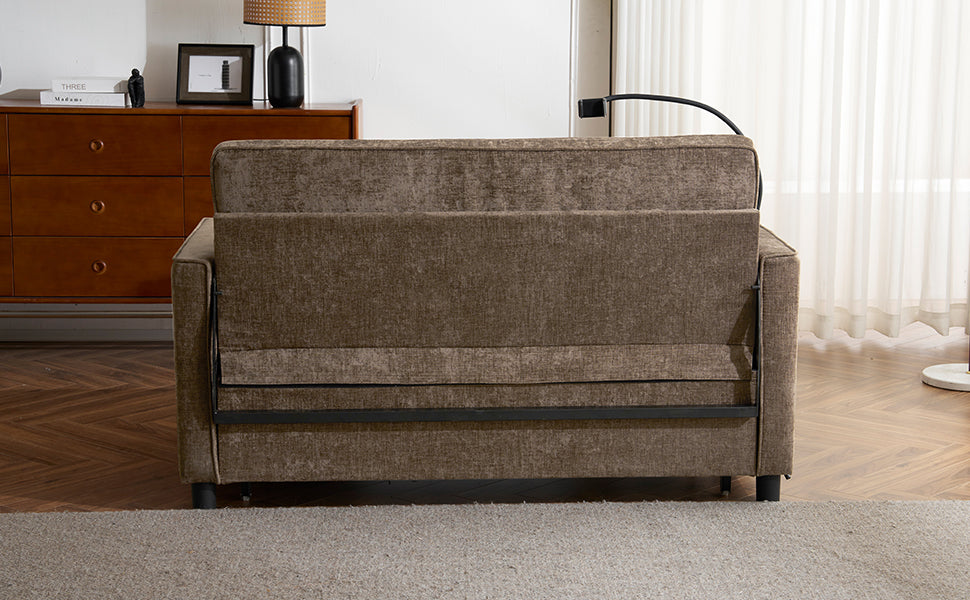 56.9" Loveseat Sofa Pull-out Sofa Bed Sleeper Sofa with a Reversible Backrest Cushion, Side Pockets, Two USB Ports and a Phone Holder for Living Room, Brown