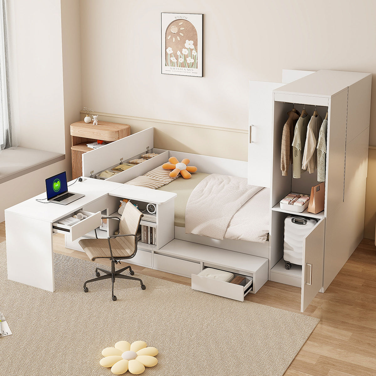 Full size Wooden Platform Bed with 6 Drawers, Shelves, desk and Wardrobe, White