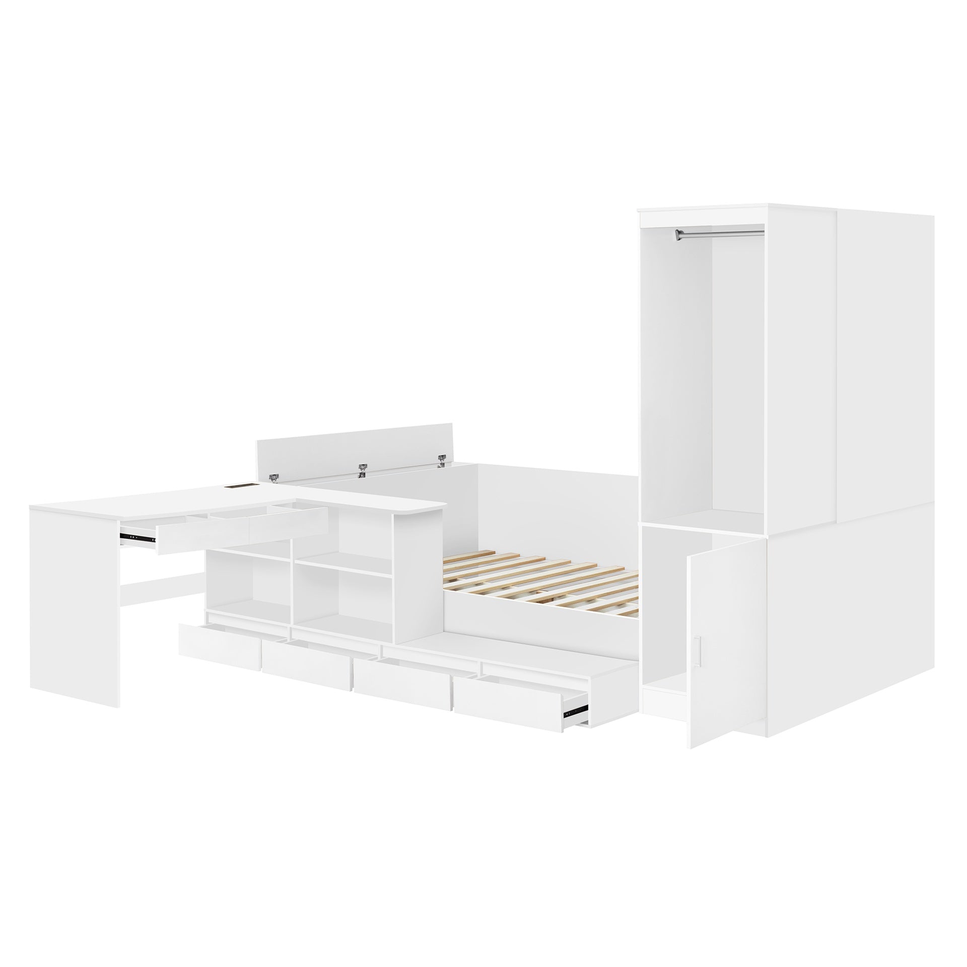Full size Wooden Platform Bed with 6 Drawers, Shelves, desk and Wardrobe, White