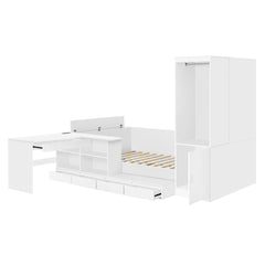 Full size Wooden Platform Bed with 6 Drawers, Shelves, desk and Wardrobe, White