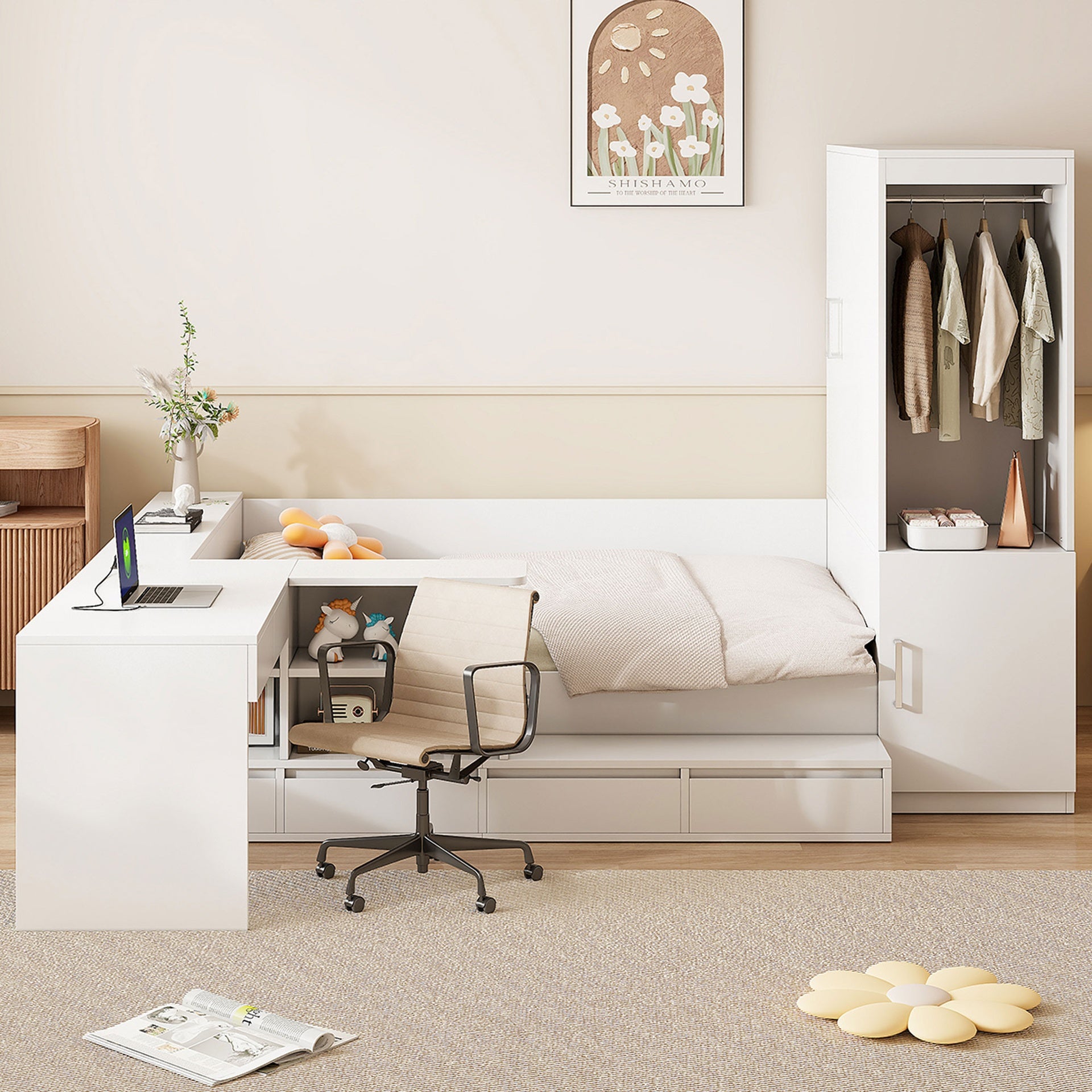 Full size Wooden Platform Bed with 6 Drawers, Shelves, desk and Wardrobe, White