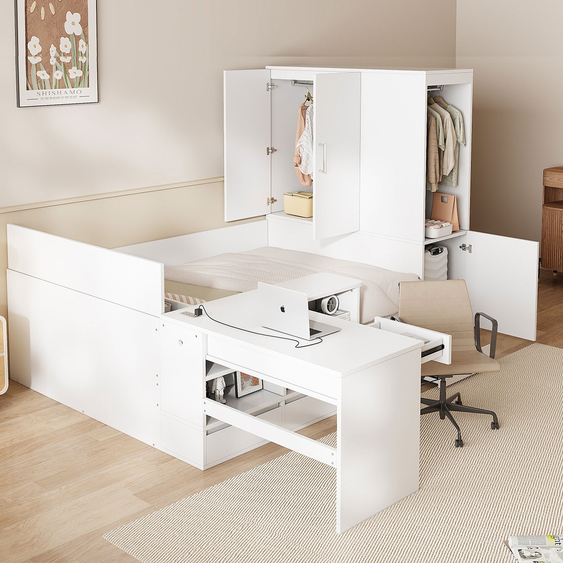 Full size Wooden Platform Bed with 6 Drawers, Shelves, desk and Wardrobe, White