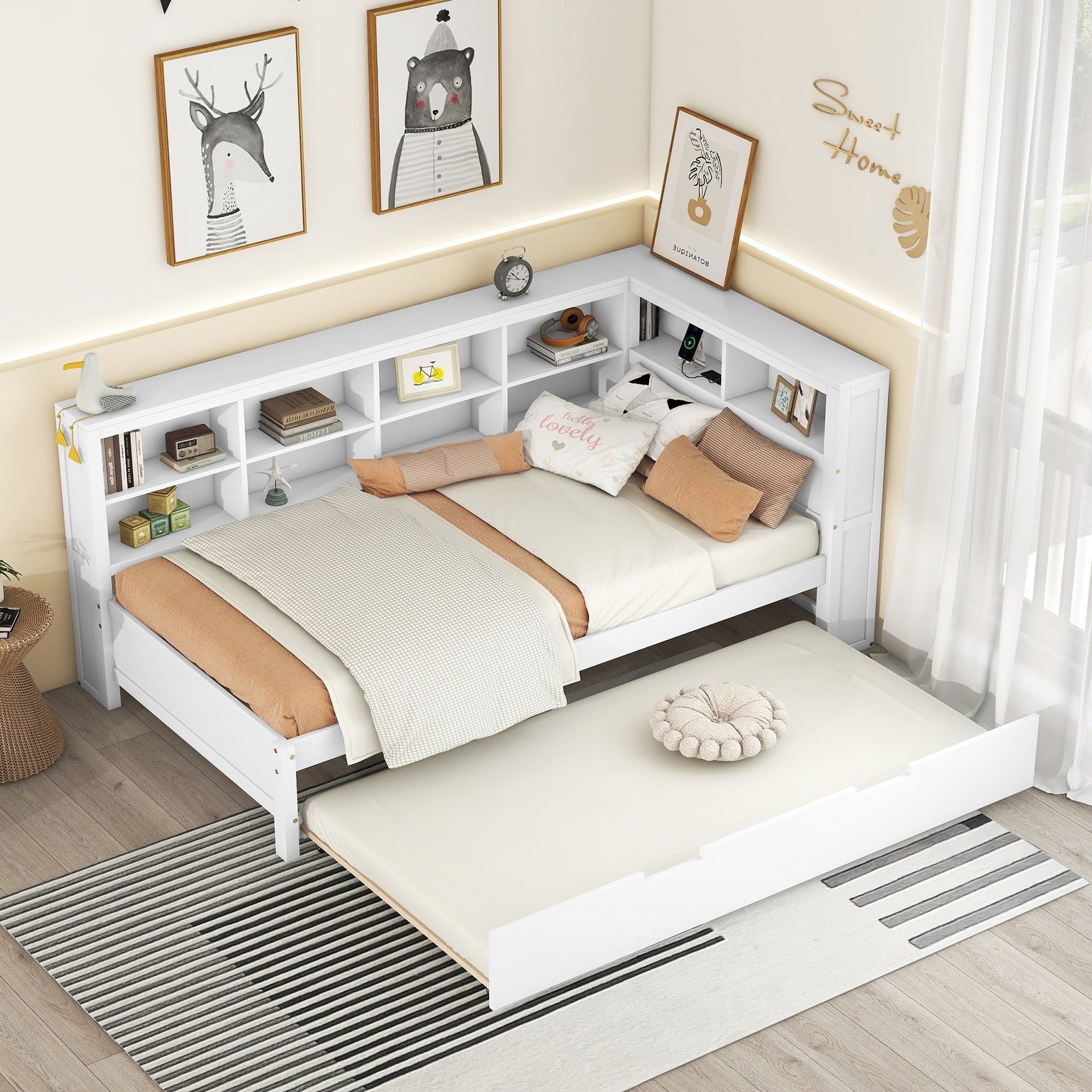 Wooden Twin Size DayBed with Twin Trundle, DayBed with Storage Shelf and USB Charging Ports,White(Old SKU: HL000074AAK)