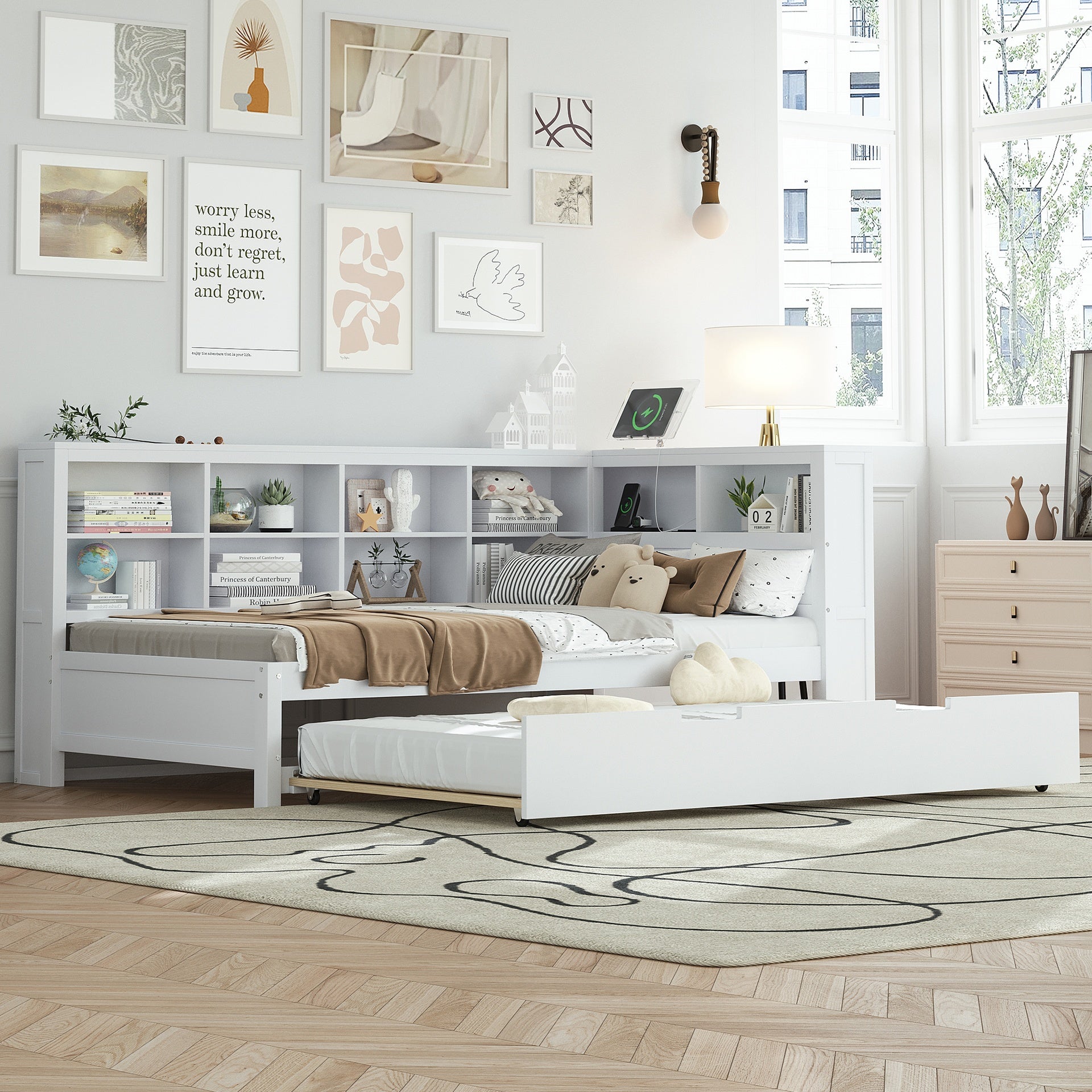 Wooden Twin Size DayBed with Twin Trundle, DayBed with Storage Shelf and USB Charging Ports,White(Old SKU: HL000074AAK)