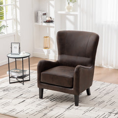 28"W PU High Back Accent Chair, Upholstered Armchair for Living Room, Retro Wingback Arm Chair ,Single Sofa Bedroom Reading Seat with Solid Wood Legs, Brown
