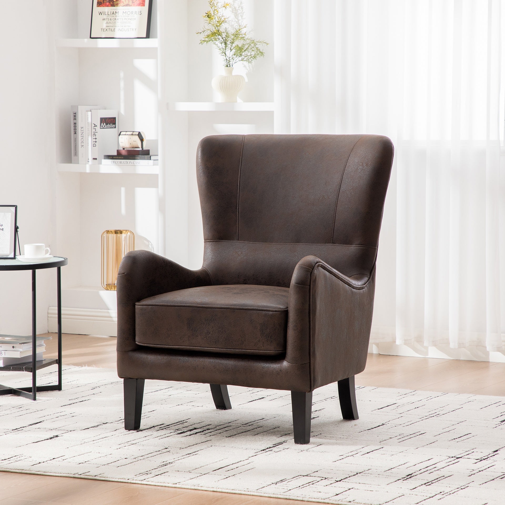 28"W PU High Back Accent Chair, Upholstered Armchair for Living Room, Retro Wingback Arm Chair ,Single Sofa Bedroom Reading Seat with Solid Wood Legs, Brown