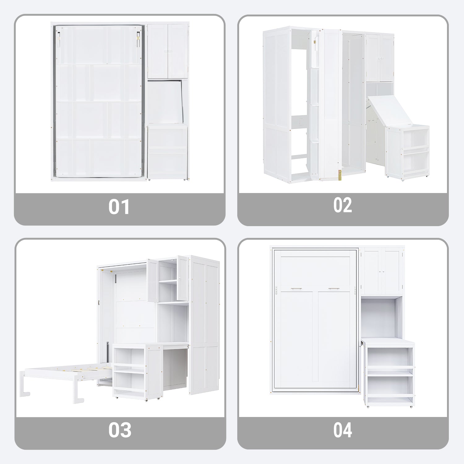 Twin Size Rotating Wall Murphy Beds with Bookshelf, Top Cabinet, Extendable Desk & Side Storage, White