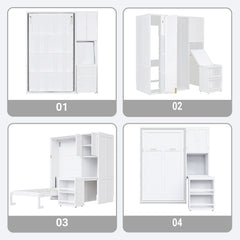 Twin Size Rotating Wall Murphy Beds with Bookshelf, Top Cabinet, Extendable Desk & Side Storage, White
