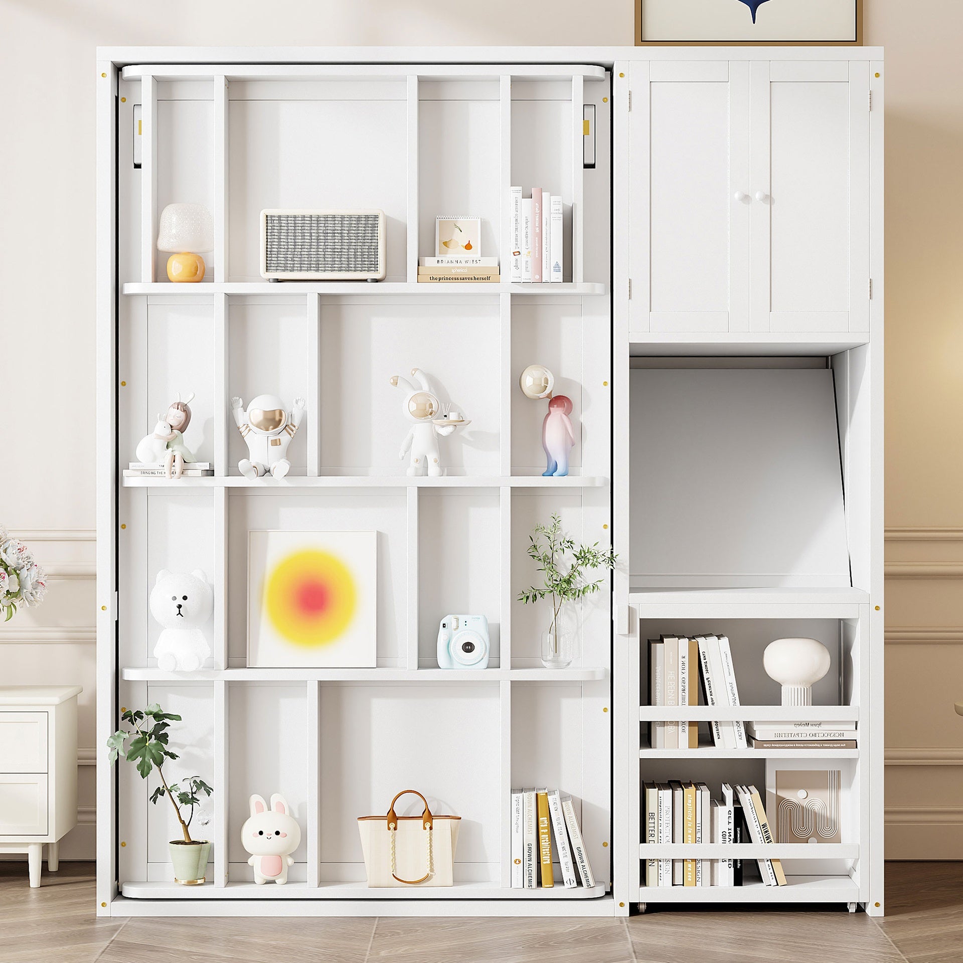 Twin Size Rotating Wall Murphy Beds with Bookshelf, Top Cabinet, Extendable Desk & Side Storage, White