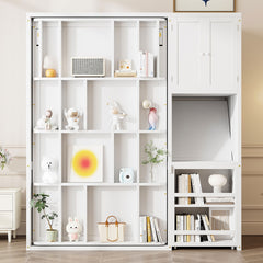 Twin Size Rotating Wall Murphy Beds with Bookshelf, Top Cabinet, Extendable Desk & Side Storage, White