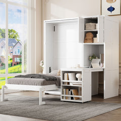 Twin Size Rotating Wall Murphy Beds with Bookshelf, Top Cabinet, Extendable Desk & Side Storage, White