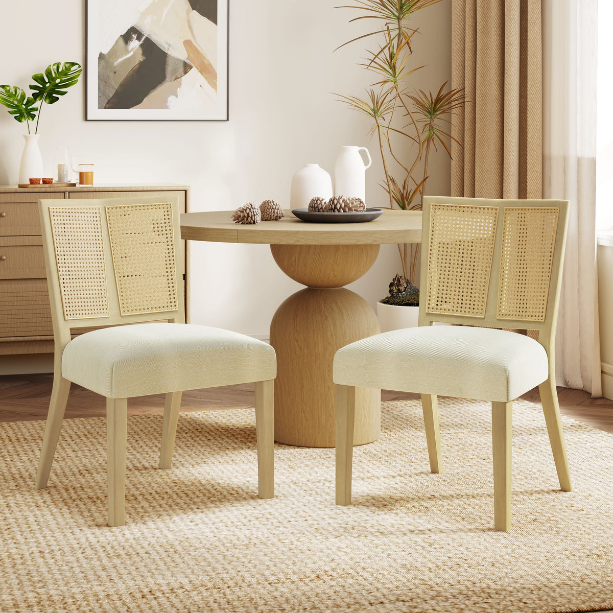 Rattan Dining Chair Without Arm(light ash+beige) Set of 2