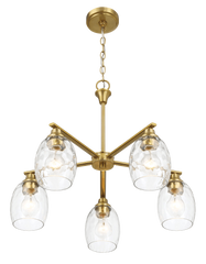 Elegance Five Lights Linear Arms with Golden Brass Finish Chain Chandelier 24"W × 8.5"H with Clear Water Glass