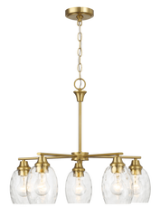 Elegance Five Lights Linear Arms with Golden Brass Finish Chain Chandelier 24"W × 8.5"H with Clear Water Glass