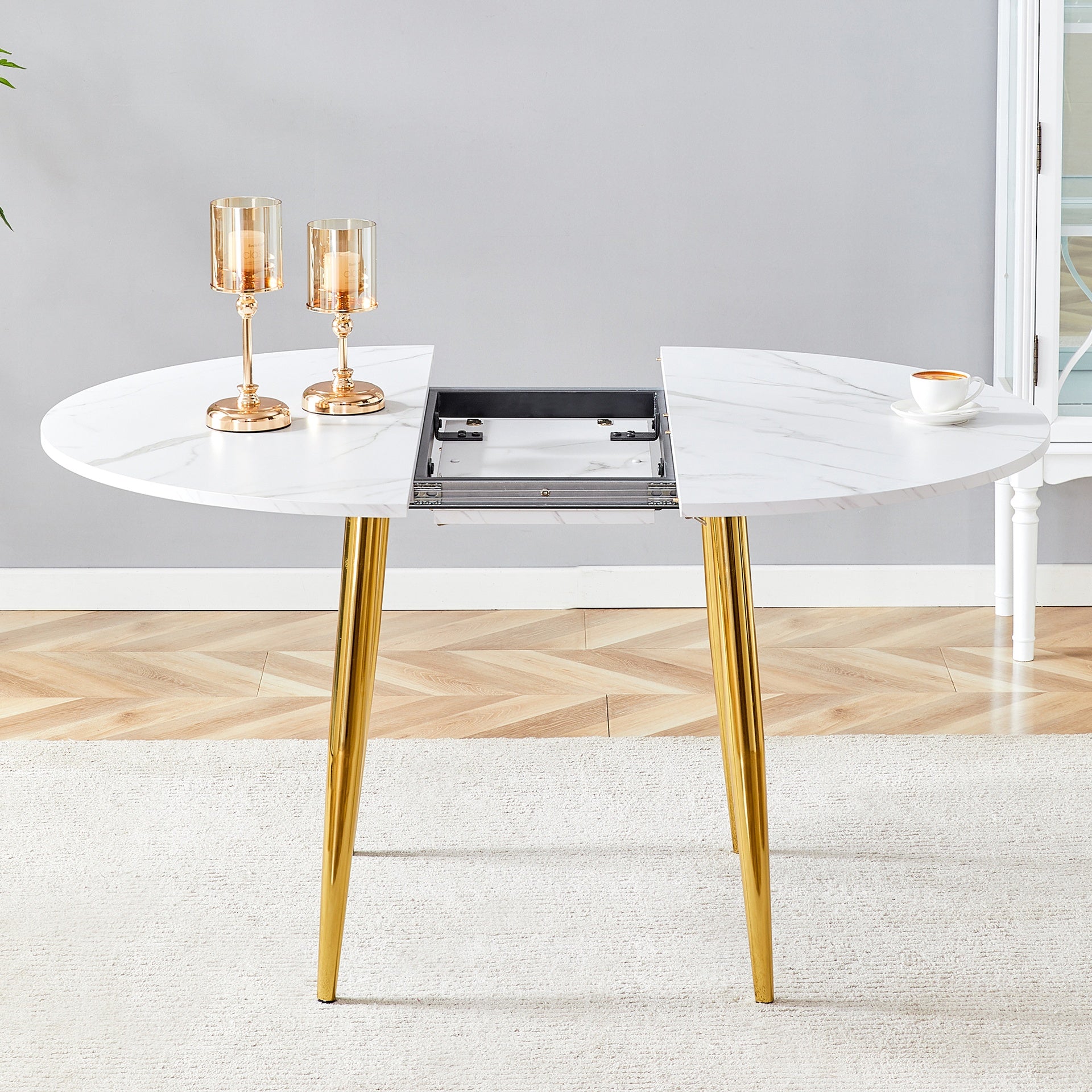 With a clever retractable mechanism, the White Pattern MDF table top and gold metal legs and has a smooth and delicate surface.The unique look creates the sleek silhouette of a modern home.