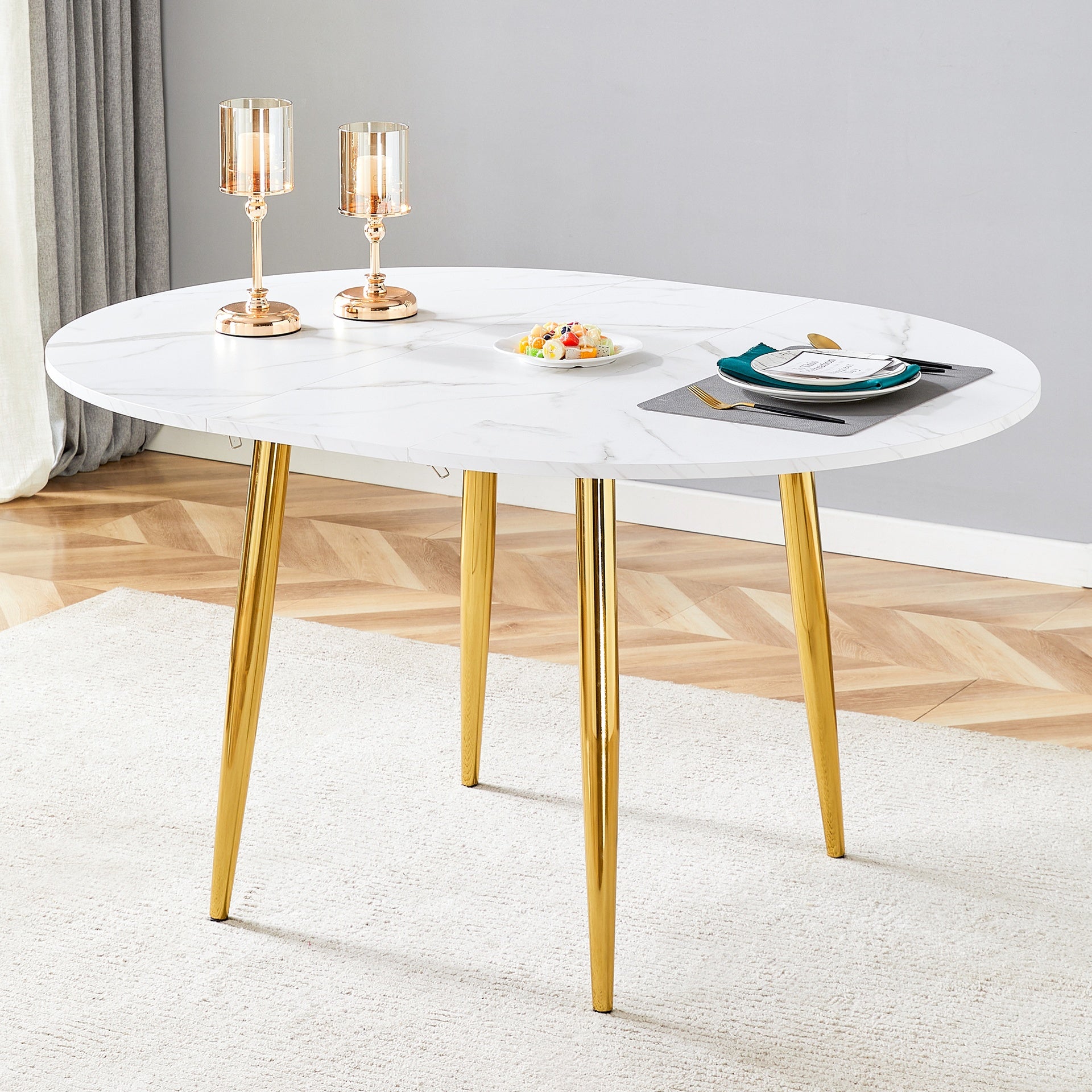 With a clever retractable mechanism, the White Pattern MDF table top and gold metal legs and has a smooth and delicate surface.The unique look creates the sleek silhouette of a modern home.