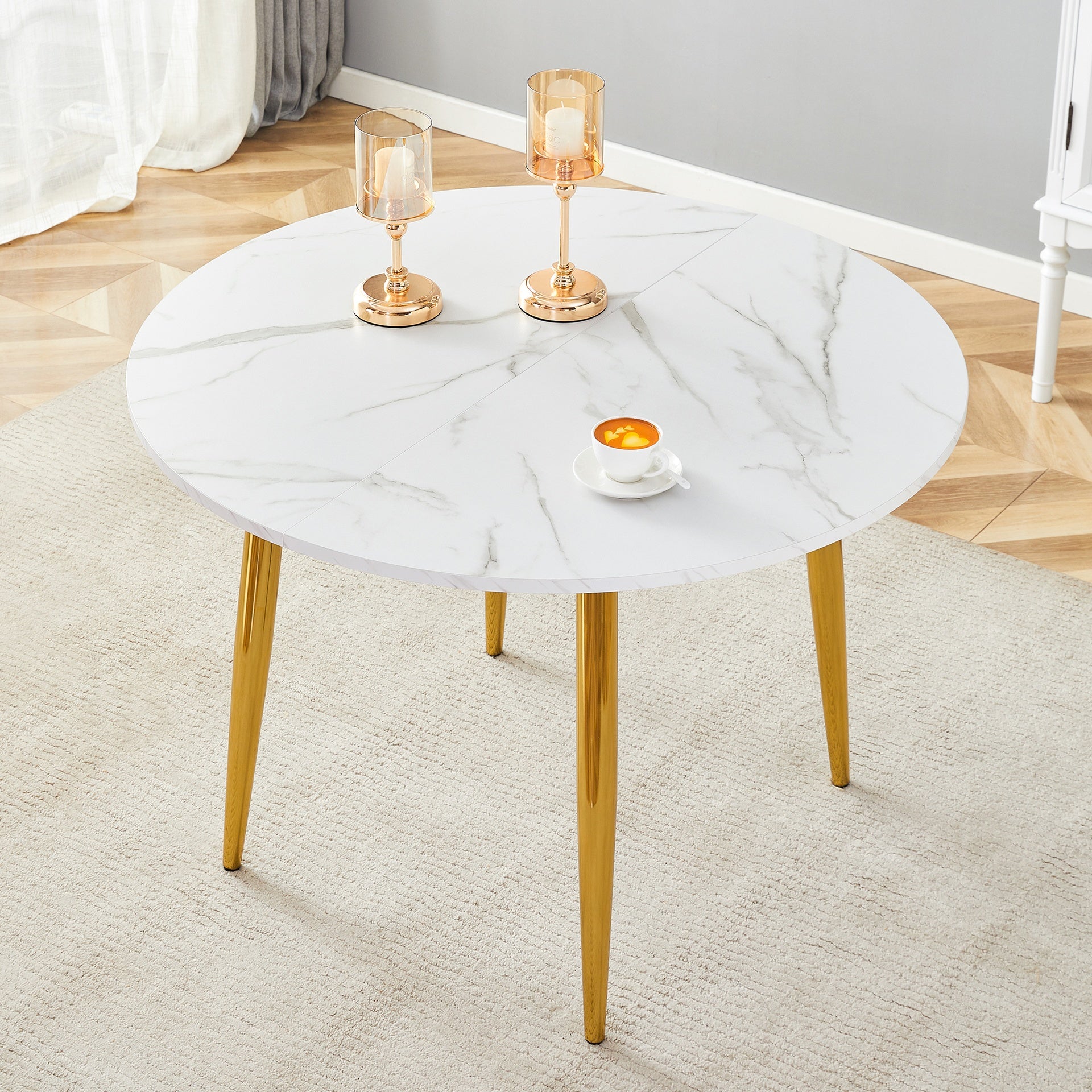 With a clever retractable mechanism, the White Pattern MDF table top and gold metal legs and has a smooth and delicate surface.The unique look creates the sleek silhouette of a modern home.