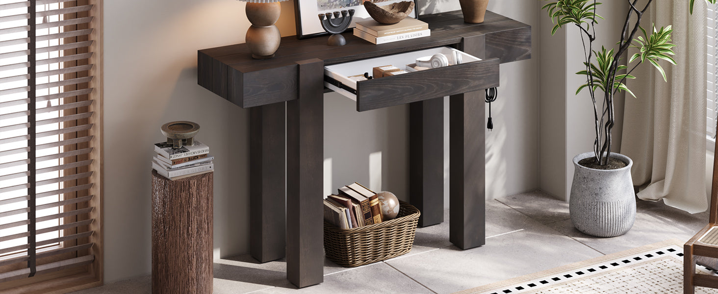 TREXM Rustic Minimalist Console Table with Hidden Drawer, Side Power Outlet,Wood Entryway Table for Entryways, Living Rooms and Home Offices(Espresso)