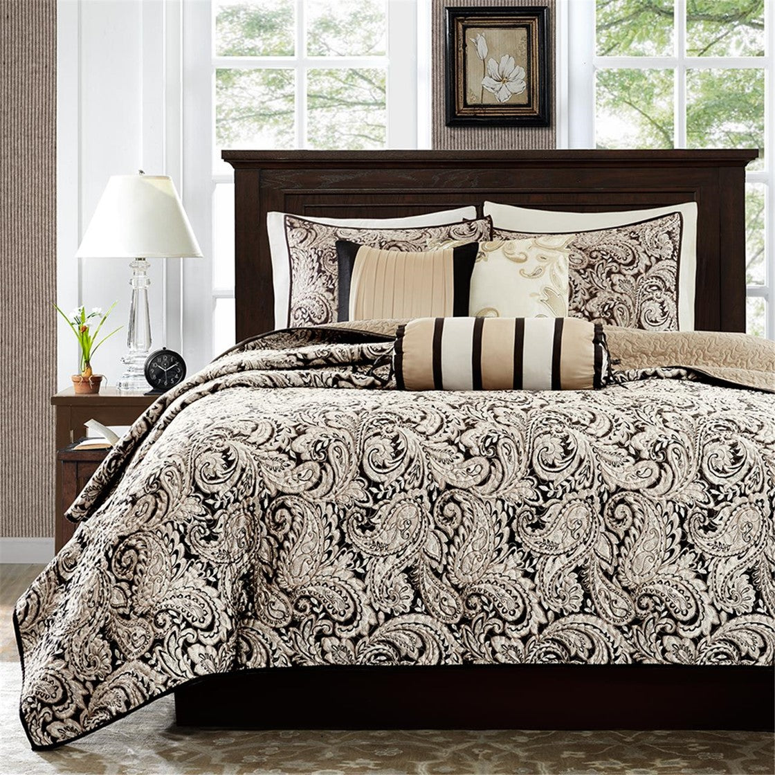 6 Piece Jacquard Quilt Set with Throw Pillows Black Full/Queen