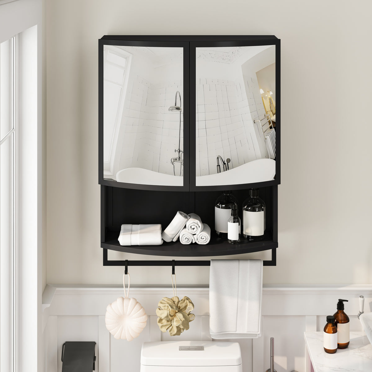 23.62"Modern Arched Glass Double-Door Wardrobe with Shatterproof Non-Glass Mirror-Double-Layer Storage,Open Shelf & Towel Rack for Entryway, Living Room,Bathroom, Dining Room (Black)