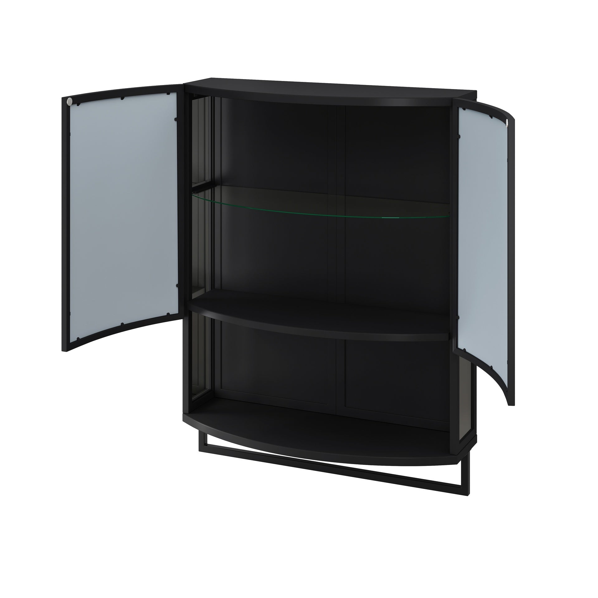 23.62"Modern Arched Glass Double-Door Wardrobe with Shatterproof Non-Glass Mirror-Double-Layer Storage,Open Shelf & Towel Rack for Entryway, Living Room,Bathroom, Dining Room (Black)