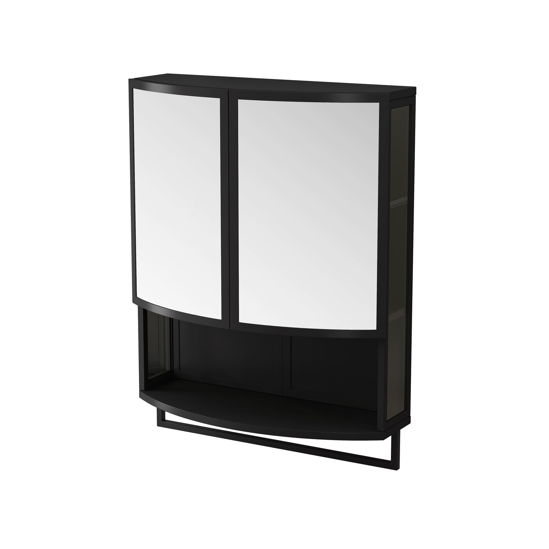 23.62"Modern Arched Glass Double-Door Wardrobe with Shatterproof Non-Glass Mirror-Double-Layer Storage,Open Shelf & Towel Rack for Entryway, Living Room,Bathroom, Dining Room (Black)