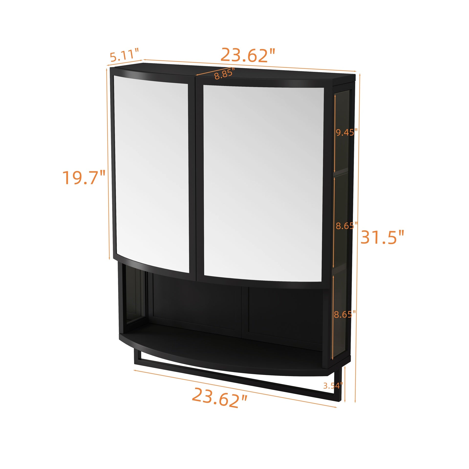 23.62"Modern Arched Glass Double-Door Wardrobe with Shatterproof Non-Glass Mirror-Double-Layer Storage,Open Shelf & Towel Rack for Entryway, Living Room,Bathroom, Dining Room (Black)