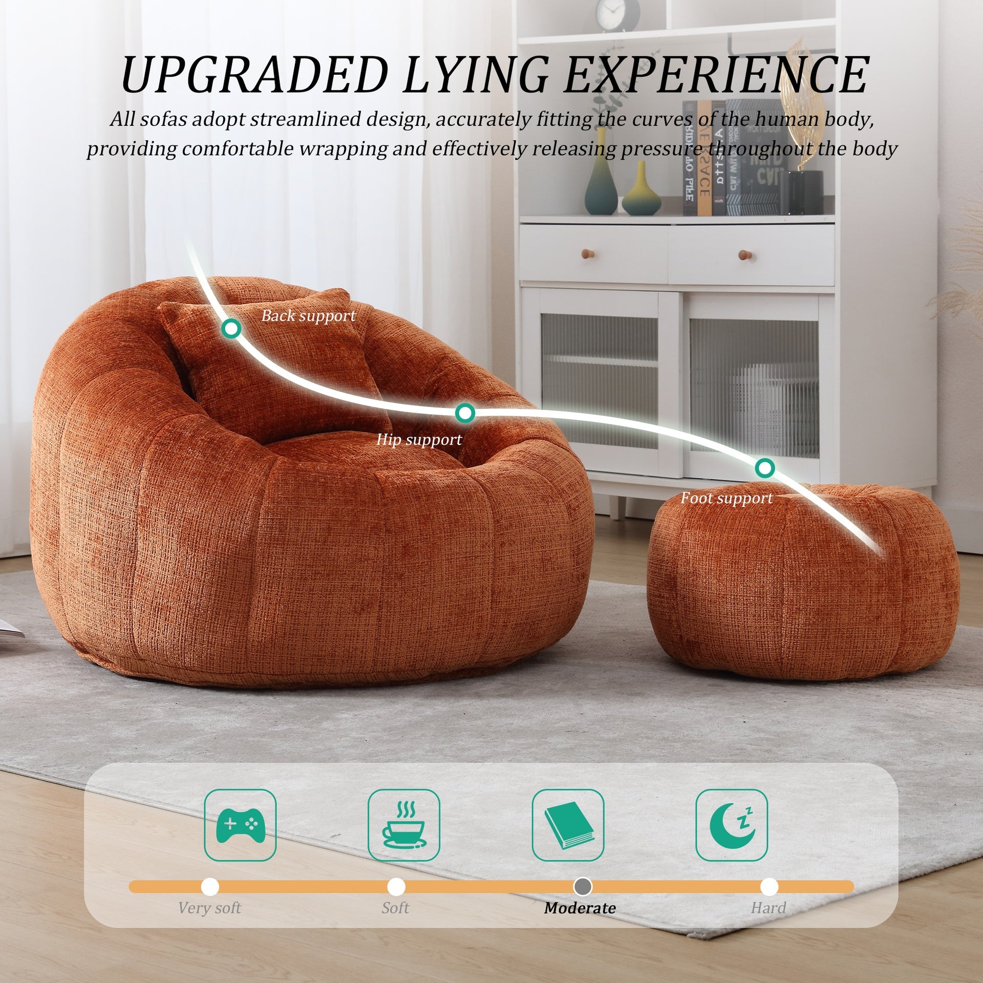 UNITED WE WIN Modern Bean Bag Chairs, Comfy Round Chair for Adults with Ottoman, Leisure Single Sofa Reading Chair with Pillow for Living Room, Bedroom, Apartment