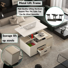 Modern Lift-Up Coffee Table with 4 Stools Set for Living Room Expandable 1 Hidden Storage + 2 Drawers Space Saving Folding Dining Table