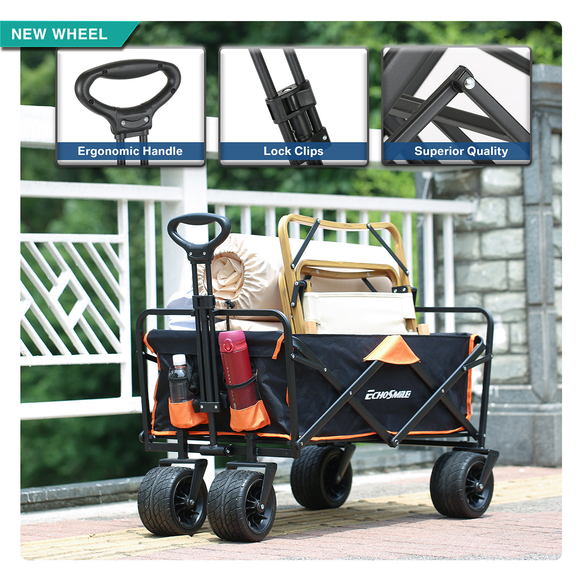 Heavy Duty 350 Lbs Capacity Collapsible Wagon, Outdoor Folding Camping Wagons, Grocery Portable Utility Cart, Adjustable Rolling Carts, All Terrain Sports Wagon with Big Wheels by Boahaus