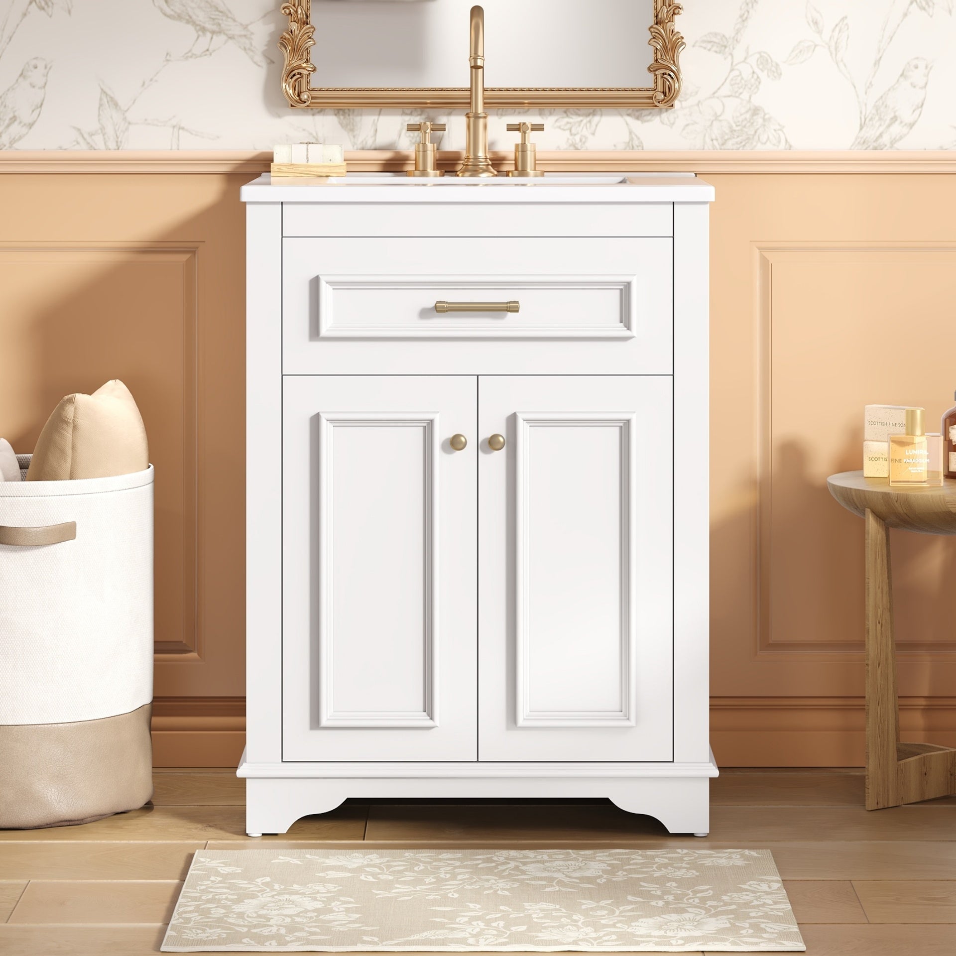 24" Bathroom Vanity with Integrated Ceramic Sink, Bathroom Cabinet with 2 Doors, 1 Tip-Out Drawer, Single Sink Bathroom Vanity for Small and Medium Restroom, White